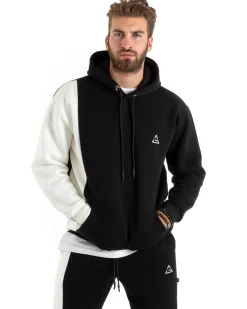 Felpa Uomo Con Cappuccio Maglia Felpata Basic Tinta Unita Bicolore Nero Regular Fit GIOSAL-F2999A