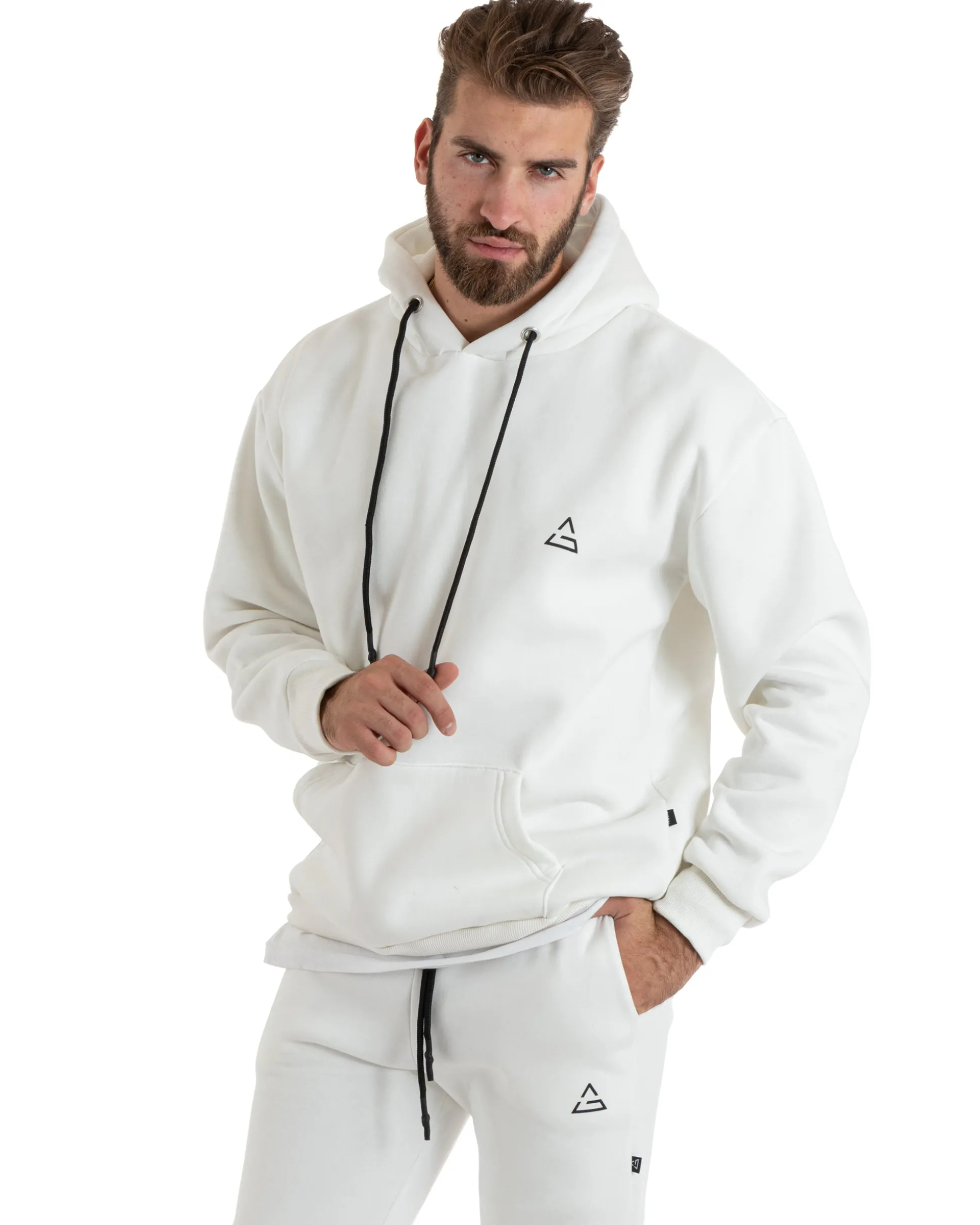 Felpa Uomo Con Cappuccio Maglia Felpata Basic Tinta Unita Bianco Regular Fit GIOSAL-F3020A