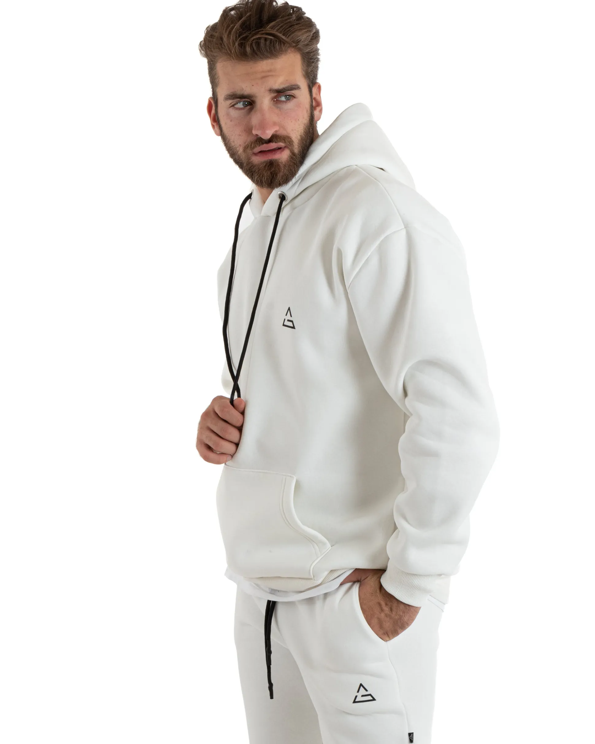 Felpa Uomo Con Cappuccio Maglia Felpata Basic Tinta Unita Bianco Regular Fit GIOSAL-F3020A