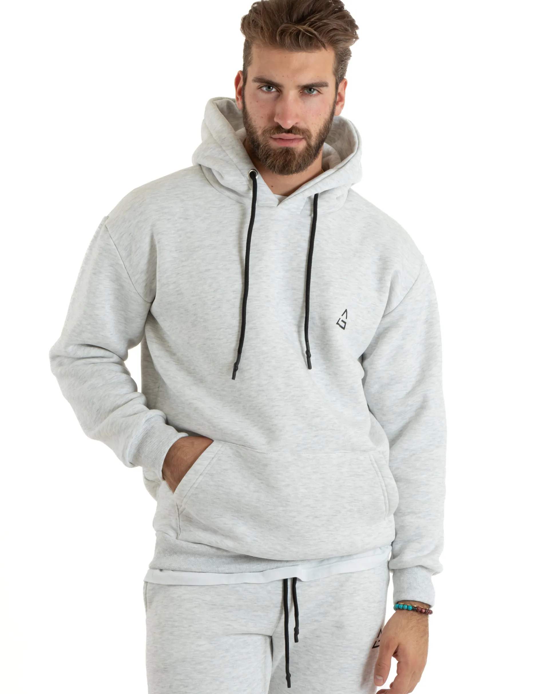 Felpa Uomo Con Cappuccio Maglia Felpata Basic Tinta Unita Bianco Regular Fit GIOSAL-F3020A