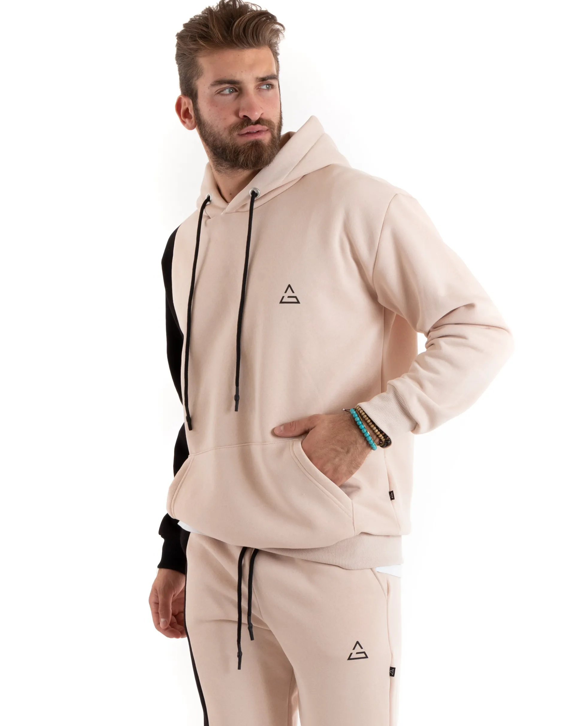 Felpa Uomo Con Cappuccio Maglia Felpata Basic Tinta Unita Bicolore Avorio Regular Fit GIOSAL-F3013A
