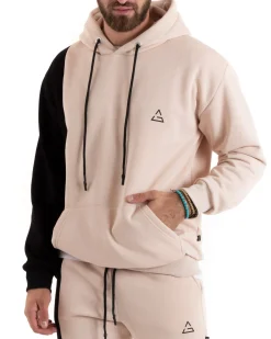 Felpa Uomo Con Cappuccio Maglia Felpata Basic Tinta Unita Bicolore Avorio Regular Fit GIOSAL-F3013A