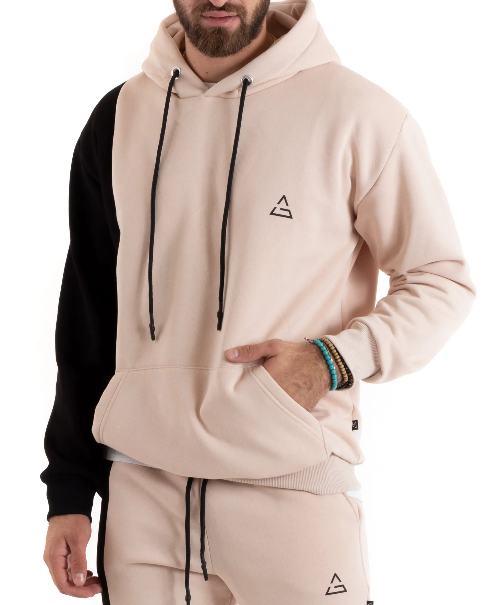 Felpa Uomo Con Cappuccio Maglia Felpata Basic Tinta Unita Bicolore Avorio Regular Fit GIOSAL-F3013A
