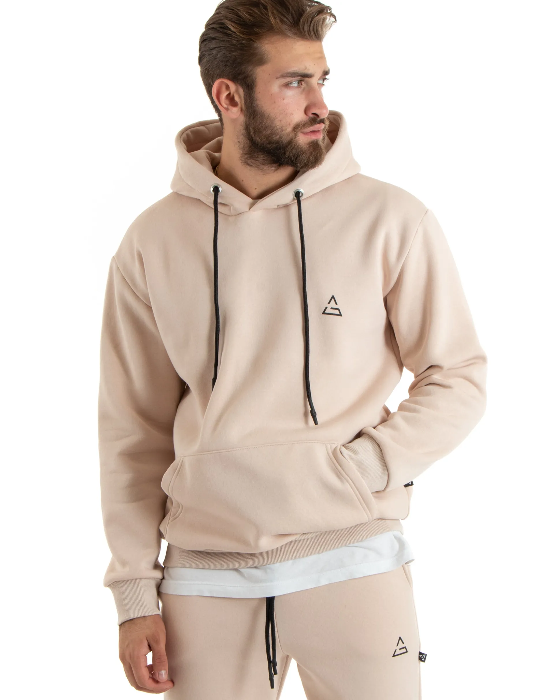 Felpa Uomo Con Cappuccio Maglia Felpata Basic Tinta Unita Avorio Regular Fit GIOSAL-F3016A