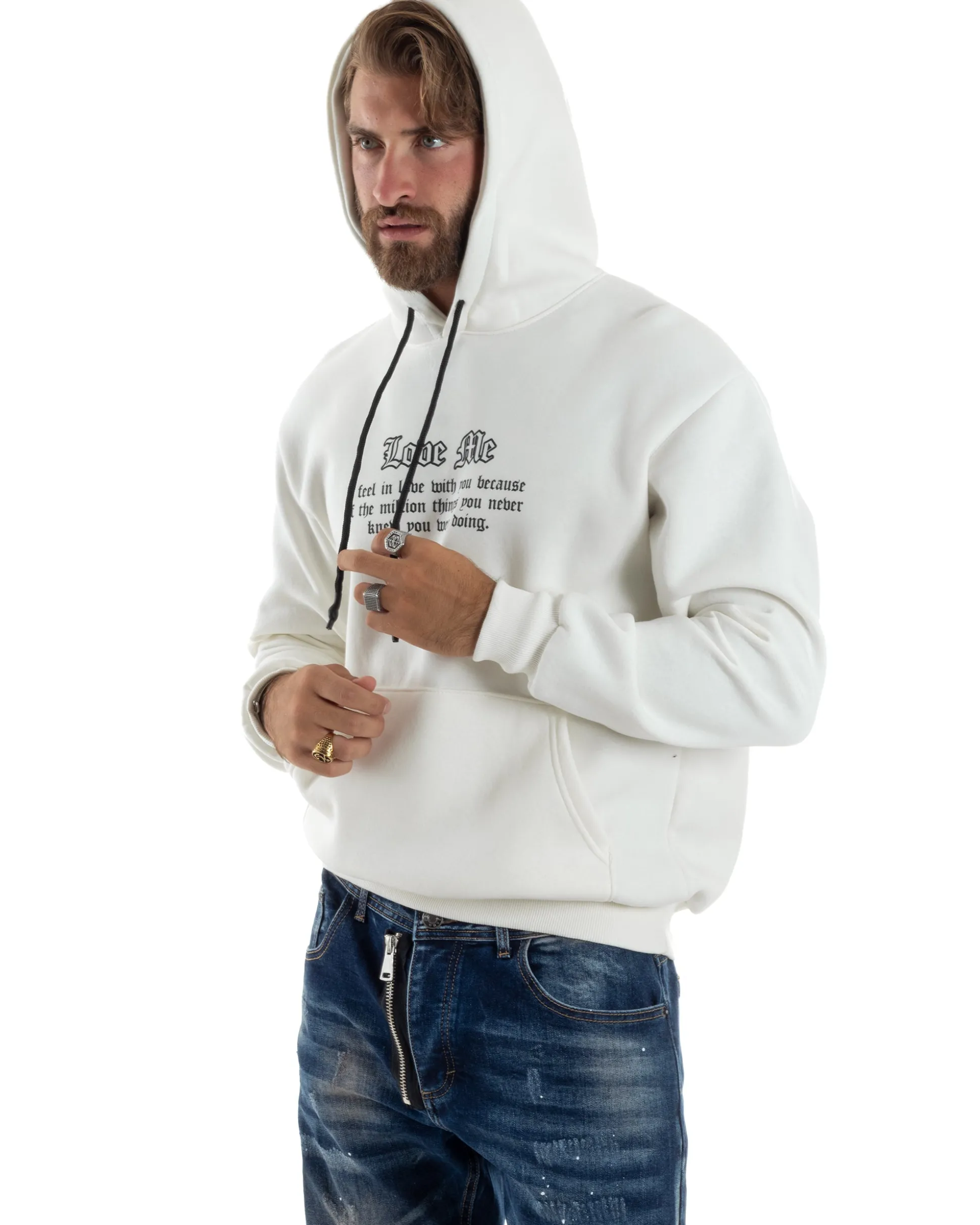 Felpa Uomo Con Cappuccio PolyCotton Garzato Maglia Con Tasca Marsupio Con Stampa Casual Comoda Panna GIOSAL-F3026A
