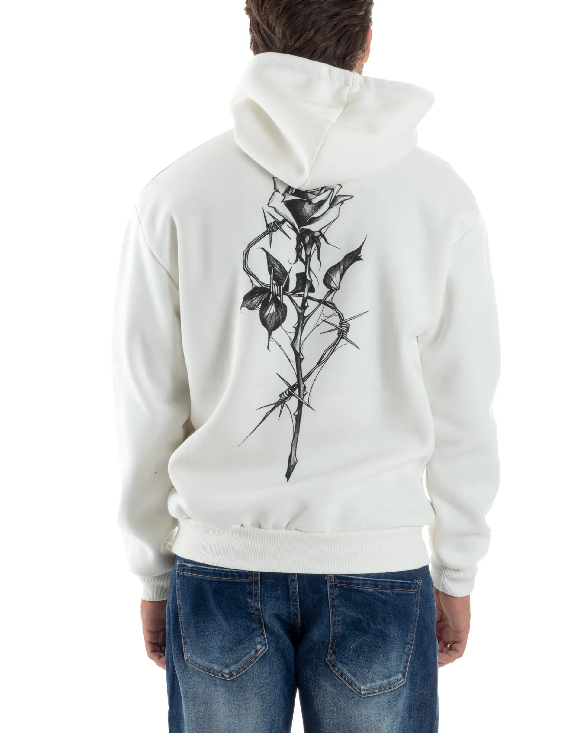 Felpa Uomo Con Cappuccio PolyCotton Garzato Maglia Con Tasca Marsupio Con Stampa Casual Comoda Panna GIOSAL-F3026A
