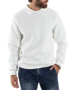 Felpa Uomo Con Colletto Polo Cotone Garzato Maglia Girocollo Comoda Regular Fit Casual Panna GIOSAL-F3025A