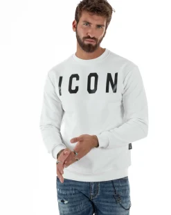 Felpa Uomo Girocollo Stampa Scritta Casual Regular Fit Basic Bianco ICON ICUF2W6F001