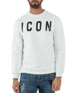 Felpa Uomo Girocollo Stampa Scritta Casual Regular Fit Basic Bianco ICON ICUF2W6F001