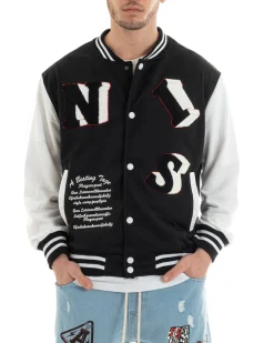 Felpa Uomo Giubbotto College Varsity Stampa Con Patch Giaccone Caldo Bicolore Casual Nero GIOSAL-F2973A