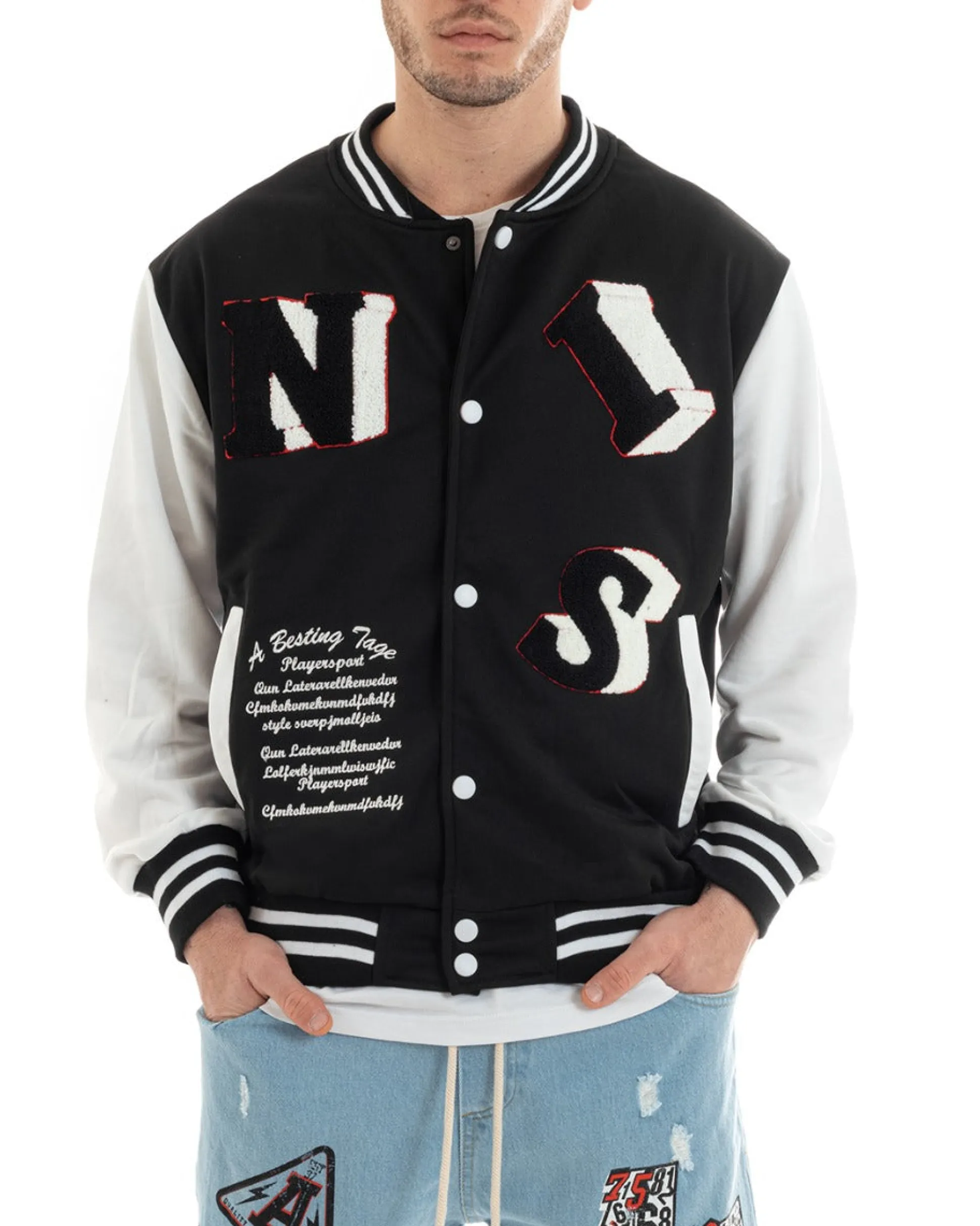 Felpa Uomo Giubbotto College Varsity Stampa Con Patch Giaccone Caldo Bicolore Casual Nero GIOSAL-F2973A