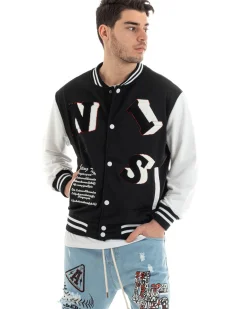 Felpa Uomo Giubbotto College Varsity Stampa Con Patch Giaccone Caldo Bicolore Casual Nero GIOSAL-F2973A