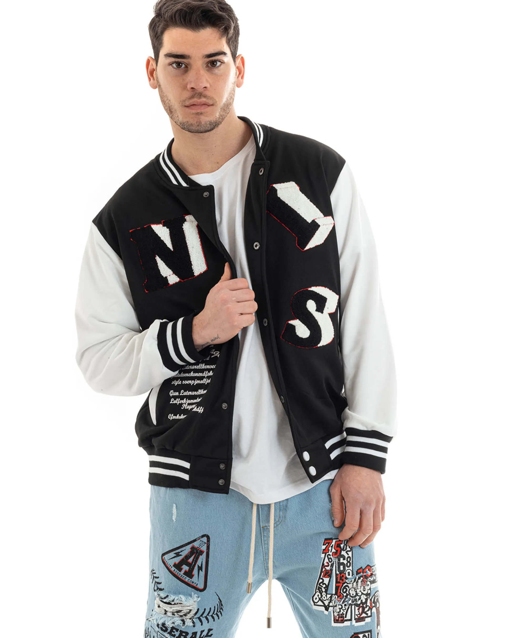 Felpa Uomo Giubbotto College Varsity Stampa Con Patch Giaccone Caldo Bicolore Casual Nero GIOSAL-F2973A