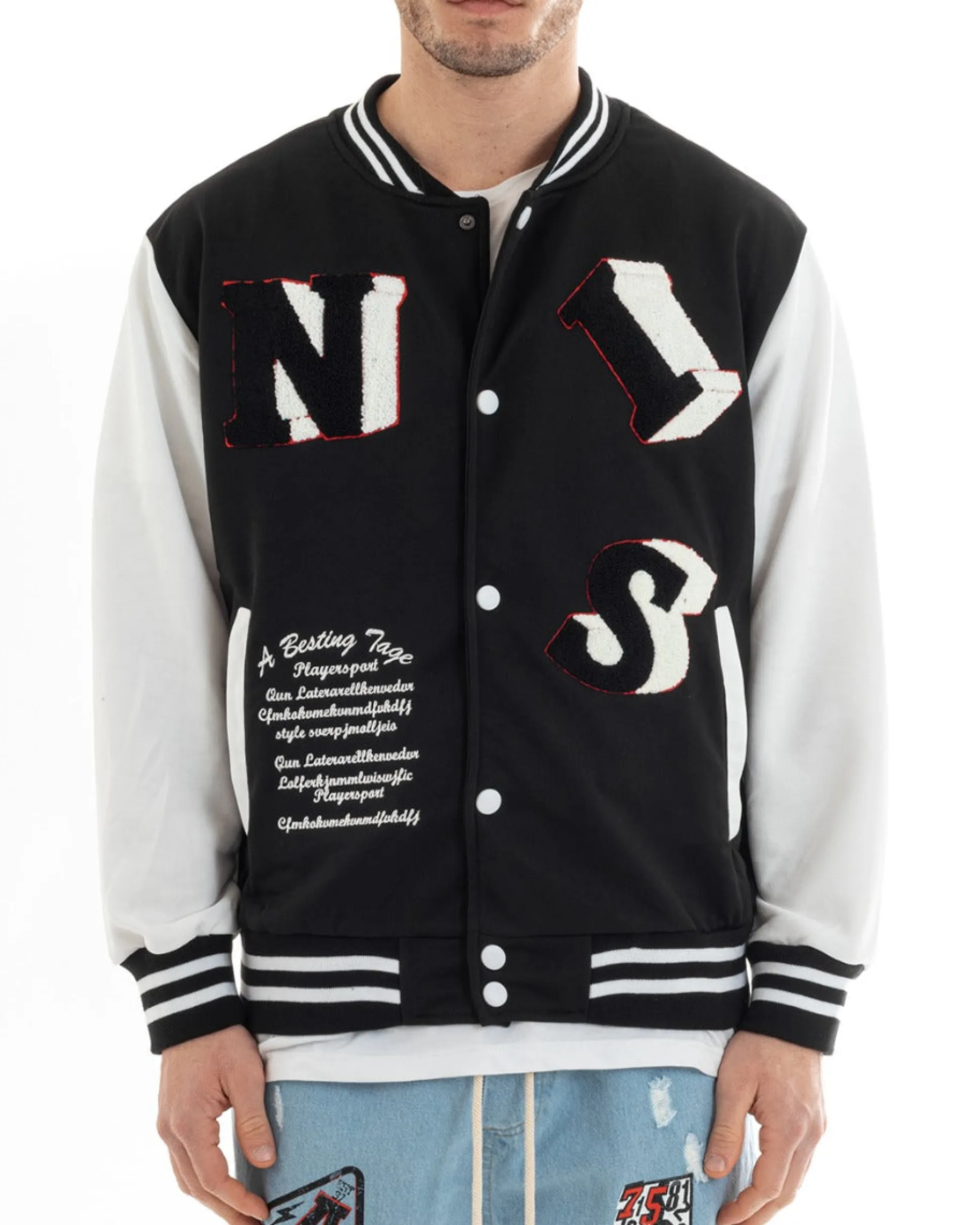 Felpa Uomo Giubbotto College Varsity Stampa Con Patch Giaccone Caldo Bicolore Casual Nero GIOSAL-F2973A