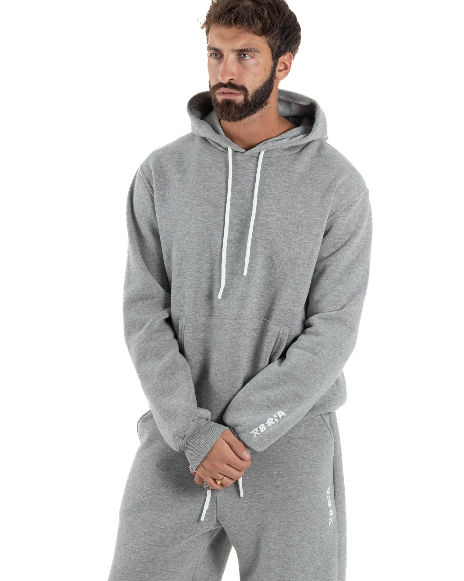 Felpa Uomo Hoodie Con Cappuccio Logo Felpata Comoda Grigio Berna M-252019