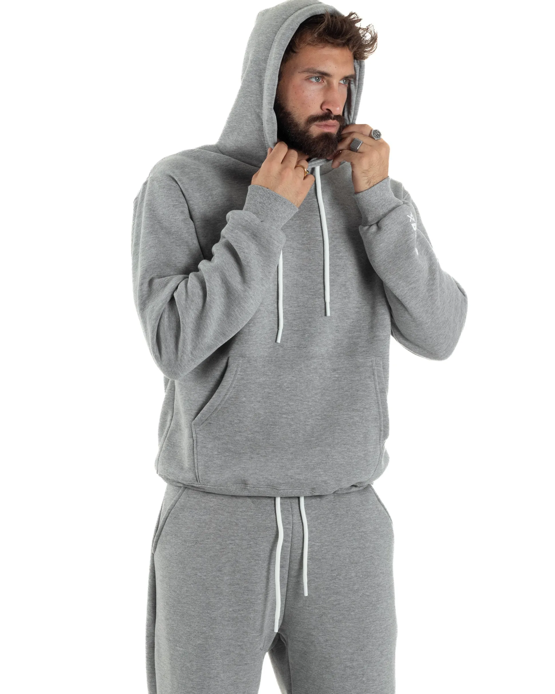 Felpa Uomo Hoodie Con Cappuccio Logo Felpata Comoda Grigio Berna M-252019