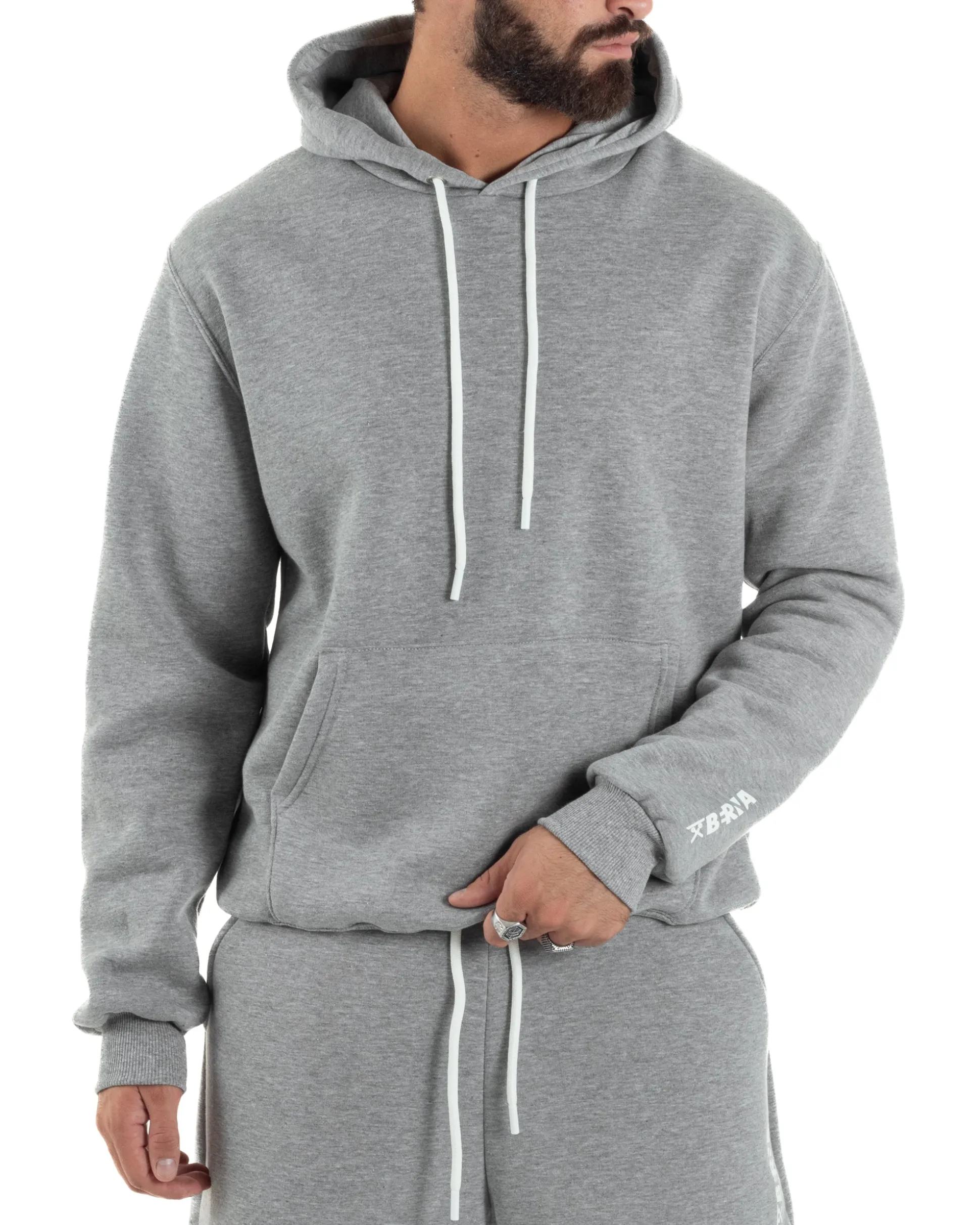 Felpa Uomo Hoodie Con Cappuccio Logo Felpata Comoda Grigio Berna M-252019