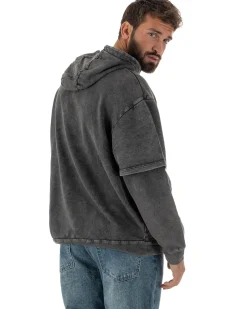 Felpa Uomo Long Sleeve Doppio Strato Slavata Boxy Fit Cappuccio Nero F3076A