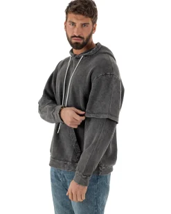 Felpa Uomo Long Sleeve Doppio Strato Slavata Boxy Fit Cappuccio Nero F3076A