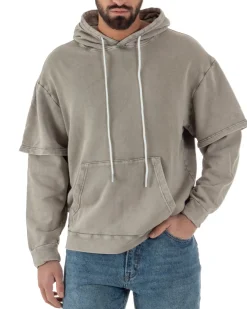 Felpa Uomo Long Sleeve Doppio Strato Slavata Boxy Fit Cappuccio Beige F3077A