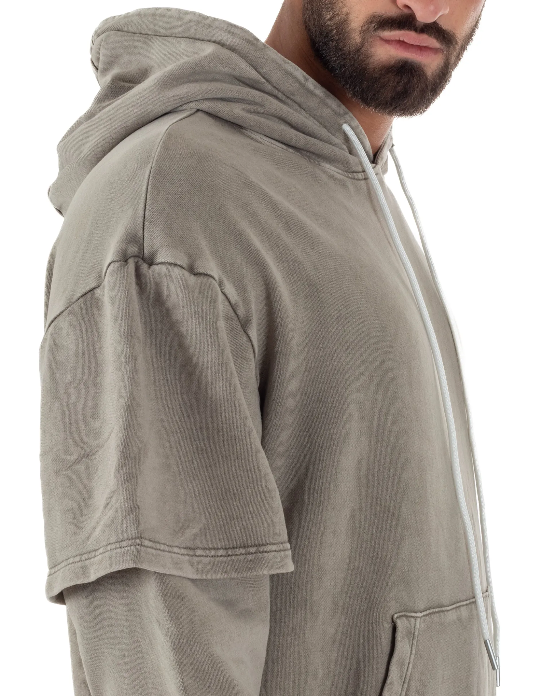 Felpa Uomo Long Sleeve Doppio Strato Slavata Boxy Fit Cappuccio Beige F3077A