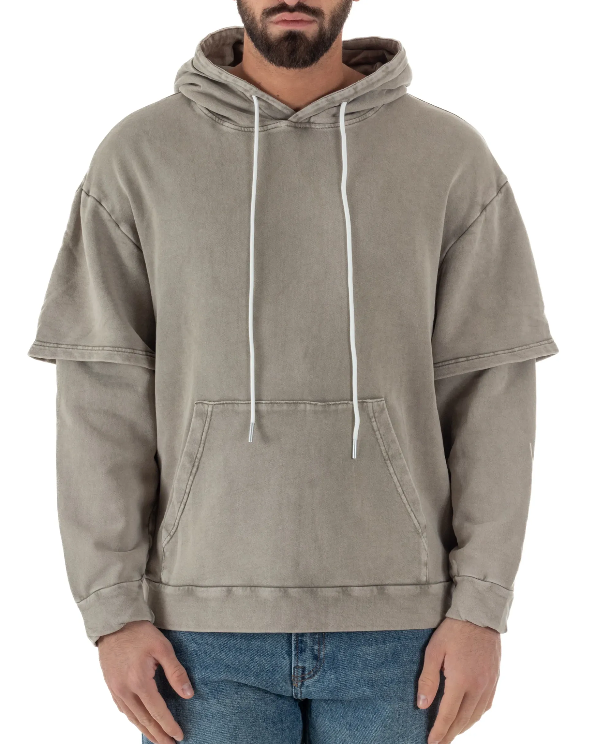 Felpa Uomo Long Sleeve Doppio Strato Slavata Boxy Fit Cappuccio Beige F3077A