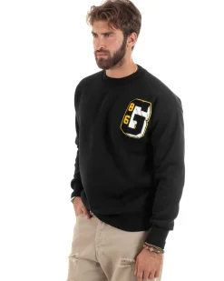Felpa Uomo Manica Lunga Stampa Ricamo Lettera Tinta Unita Nera Felpata Casual Comfy GIOSAL-F3043A