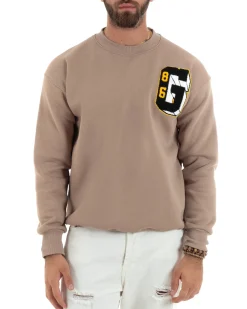 Felpa Uomo Manica Lunga Stampa Ricamo Lettera Tinta Unita Beige Felpata Casual Comfy GIOSAL-F3044A