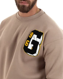 Felpa Uomo Manica Lunga Stampa Ricamo Lettera Tinta Unita Beige Felpata Casual Comfy GIOSAL-F3044A