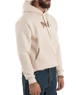 Felpa Uomo PolyCotton Garzata Maglia Calda Con Cappuccio Stampa E Tascone Relaxed Fit Beige GIOSAL-F3028A