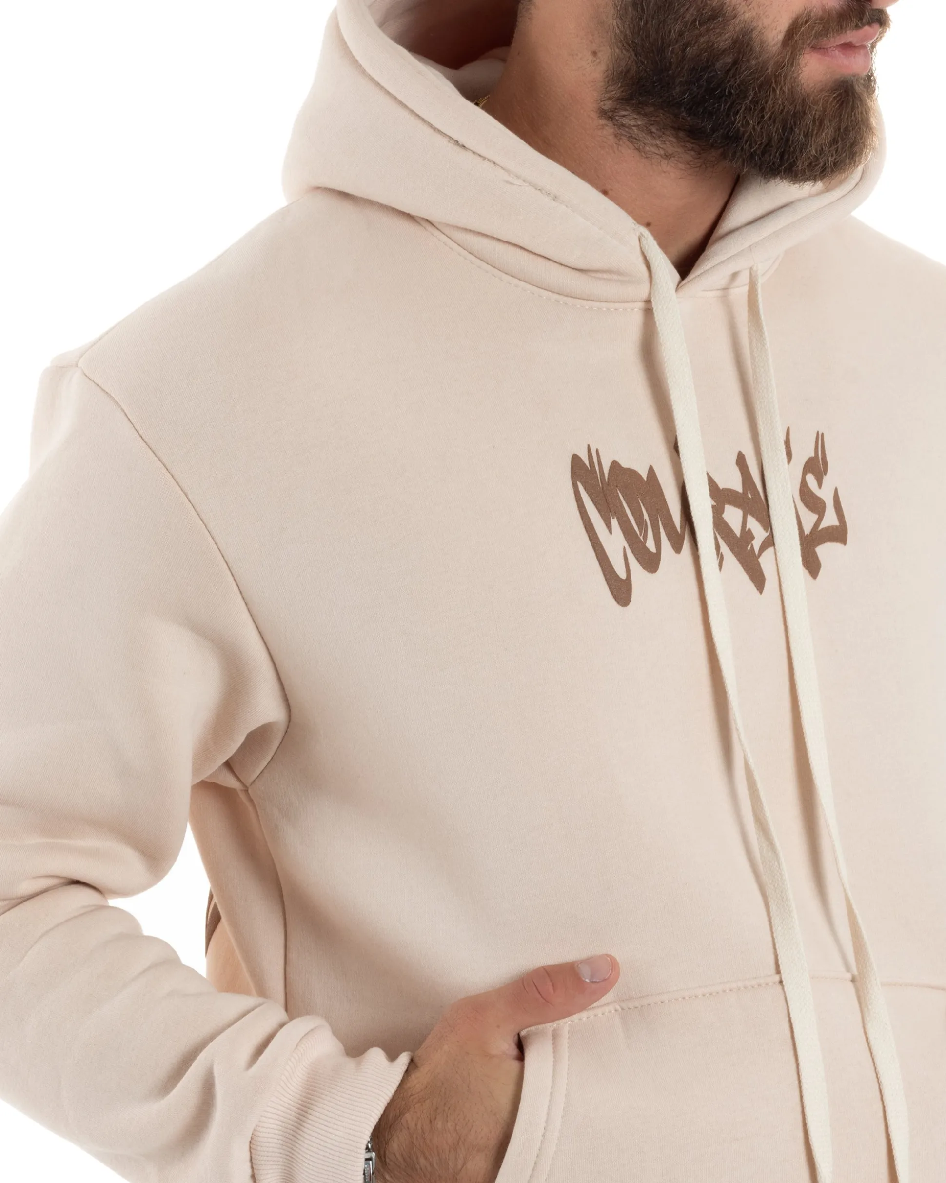 Felpa Uomo PolyCotton Garzata Maglia Calda Con Cappuccio Stampa E Tascone Relaxed Fit Beige GIOSAL-F3028A