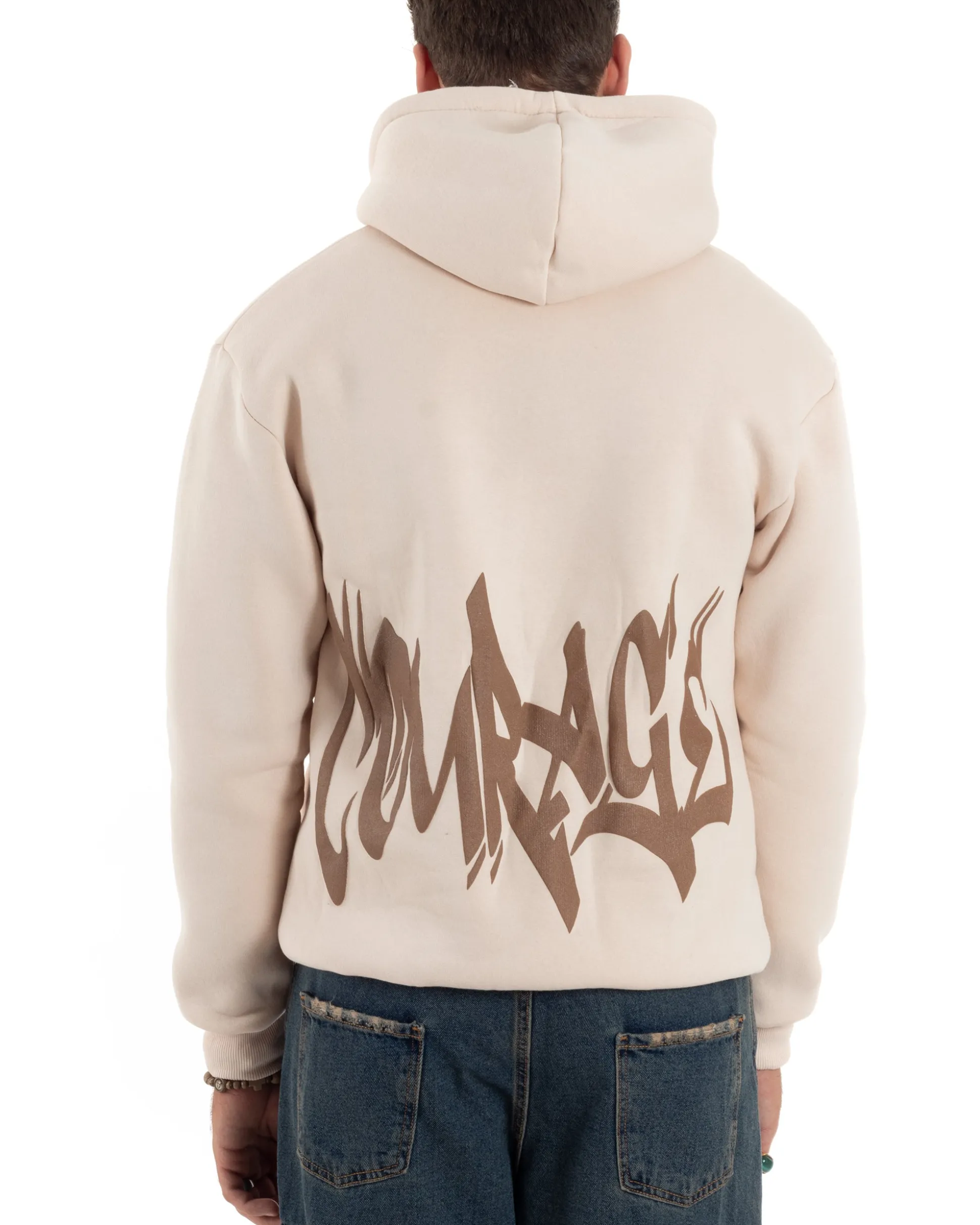 Felpa Uomo PolyCotton Garzata Maglia Calda Con Cappuccio Stampa E Tascone Relaxed Fit Beige GIOSAL-F3028A