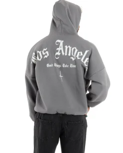 Felpa Uomo PolyCotton Garzata Con Cappuccio Regolabile Stampa Marsupio Maglia Casual Calda Oversize Grigio GIOSAL-F3032A