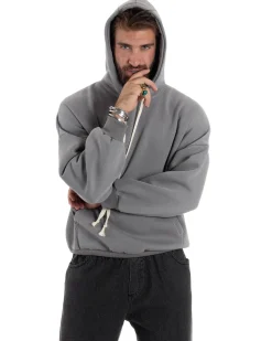 Felpa Uomo PolyCotton Garzata Con Cappuccio Regolabile Stampa Marsupio Maglia Casual Calda Oversize Grigio GIOSAL-F3032A