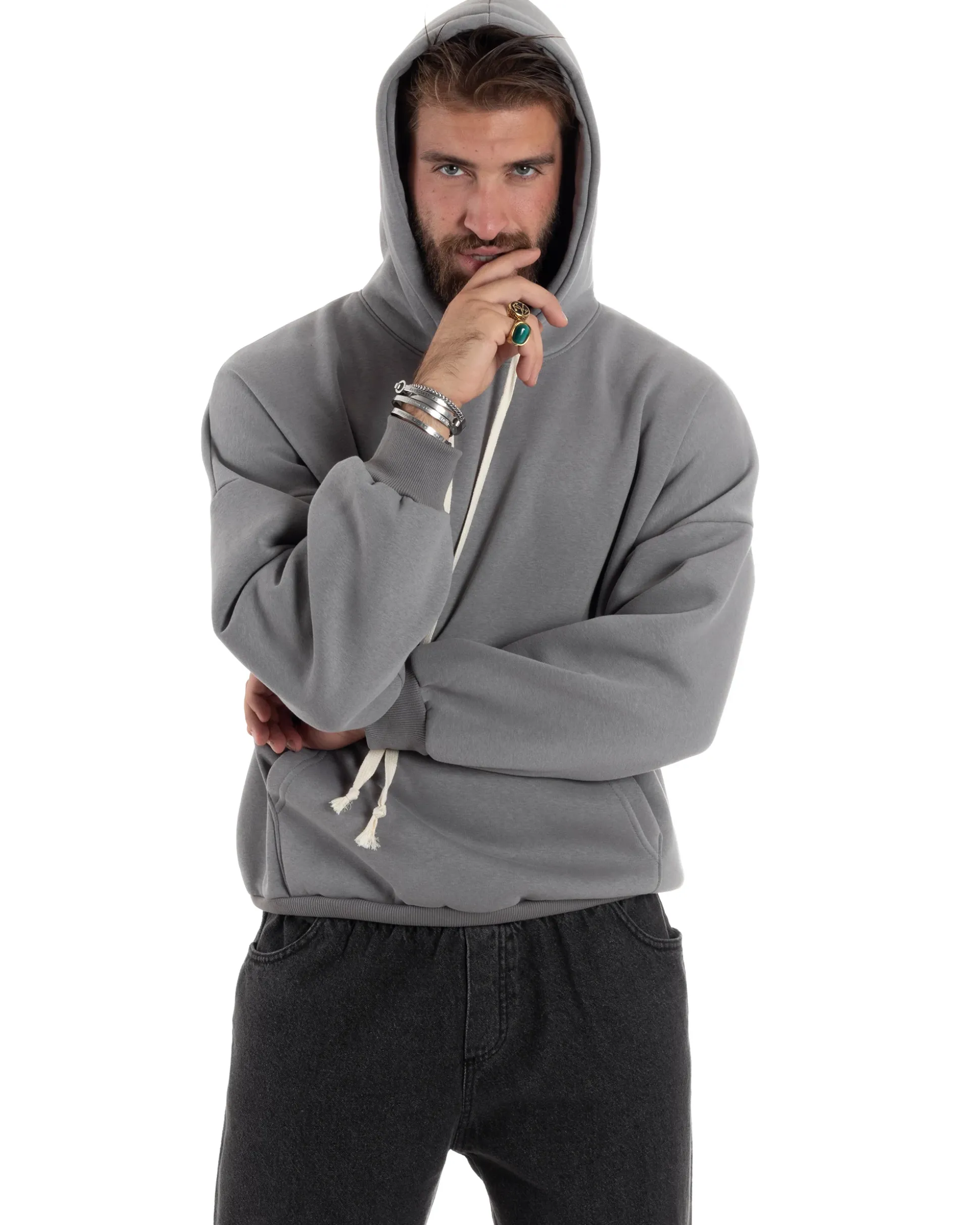 Felpa Uomo PolyCotton Garzata Con Cappuccio Regolabile Stampa Marsupio Maglia Casual Calda Oversize Grigio GIOSAL-F3032A