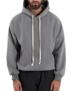 Felpa Uomo PolyCotton Garzata Con Cappuccio Regolabile Stampa Marsupio Maglia Casual Calda Oversize Grigio GIOSAL-F3032A