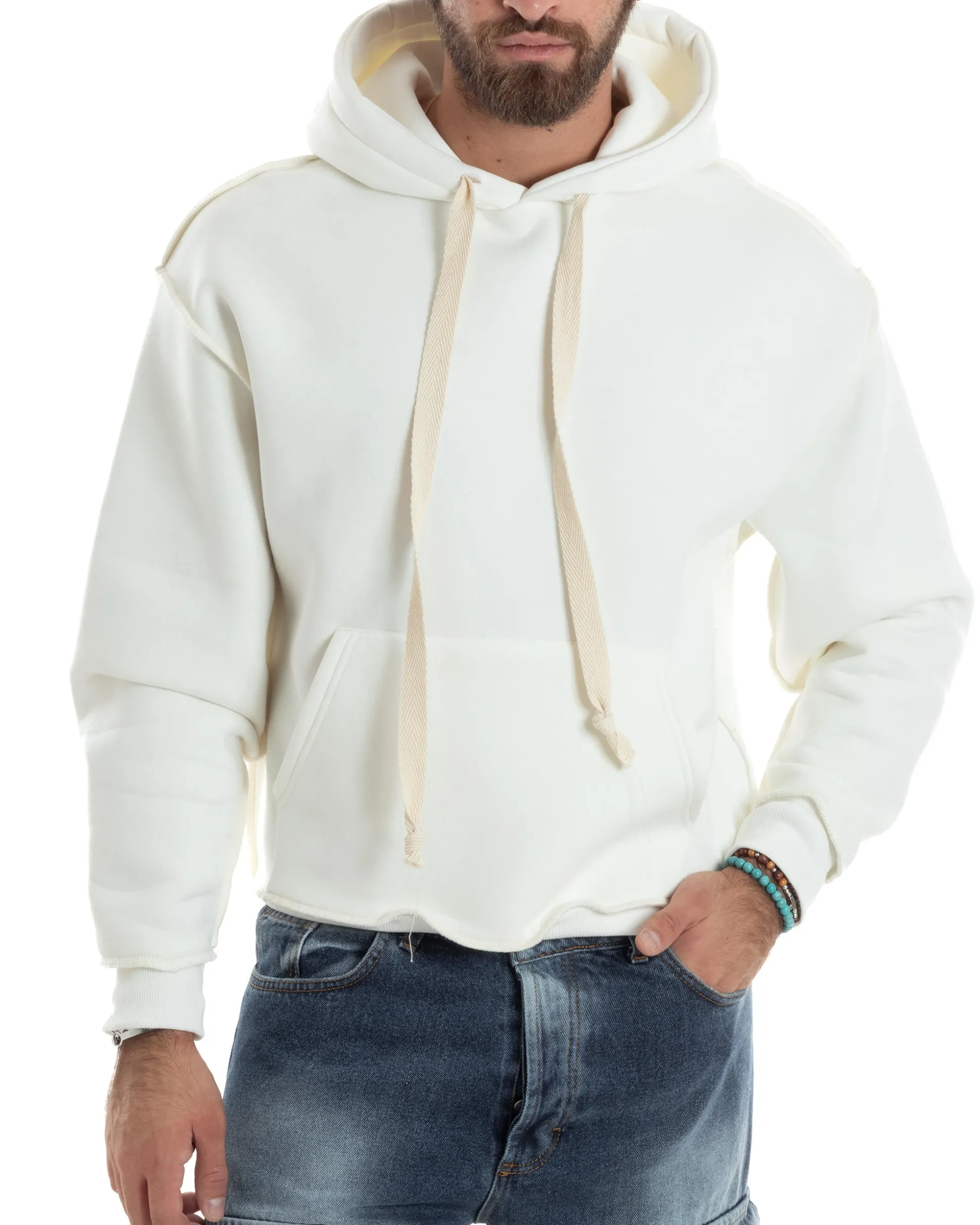 Felpa Uomo PolyCotton Garzata Con Cappuccio Cuciture Reverse E Marsupio Boxy Fit Maglia Morbida Calda Bianco GIOSAL-F3041A