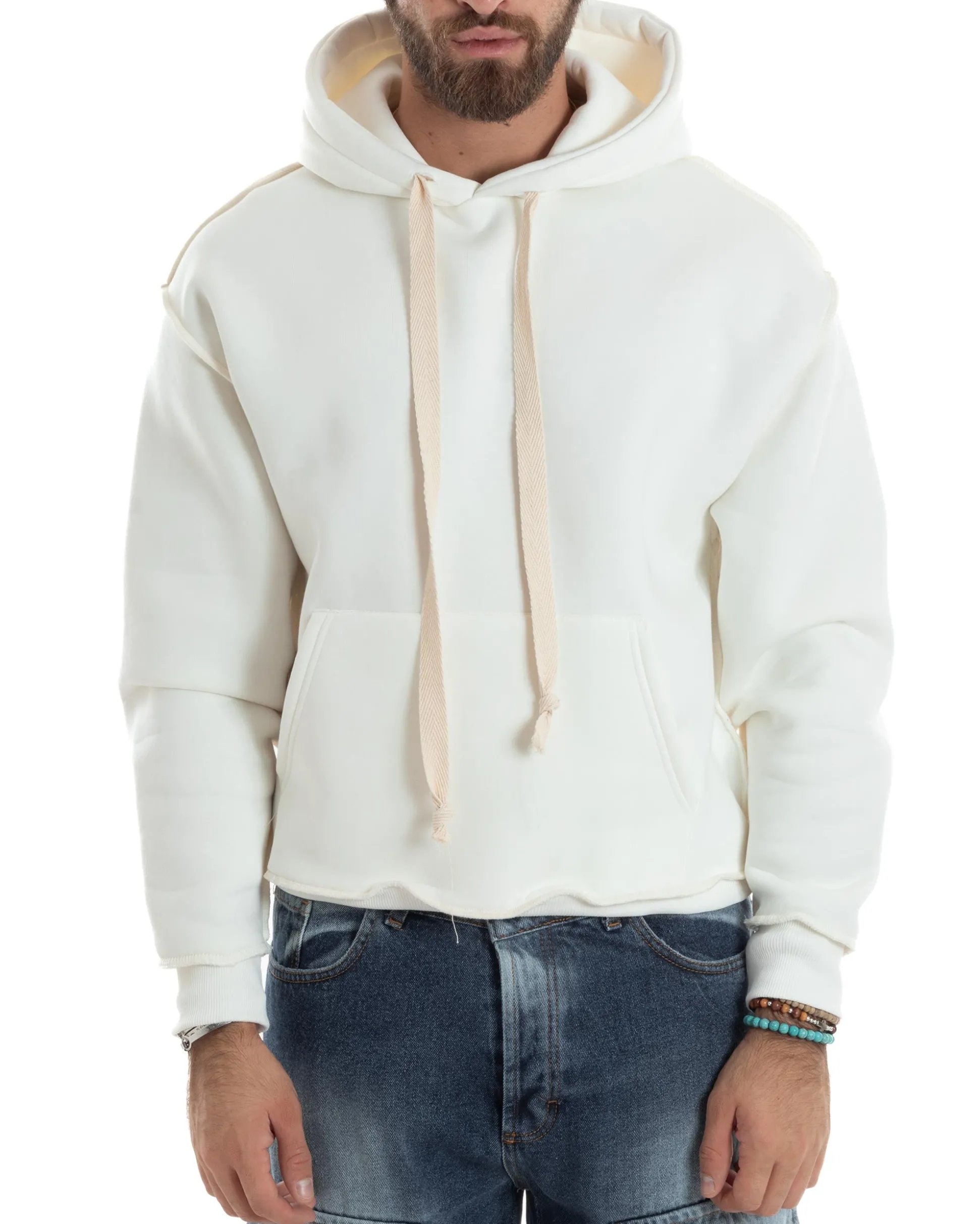 Felpa Uomo PolyCotton Garzata Con Cappuccio Cuciture Reverse E Marsupio Boxy Fit Maglia Morbida Calda Bianco GIOSAL-F3041A