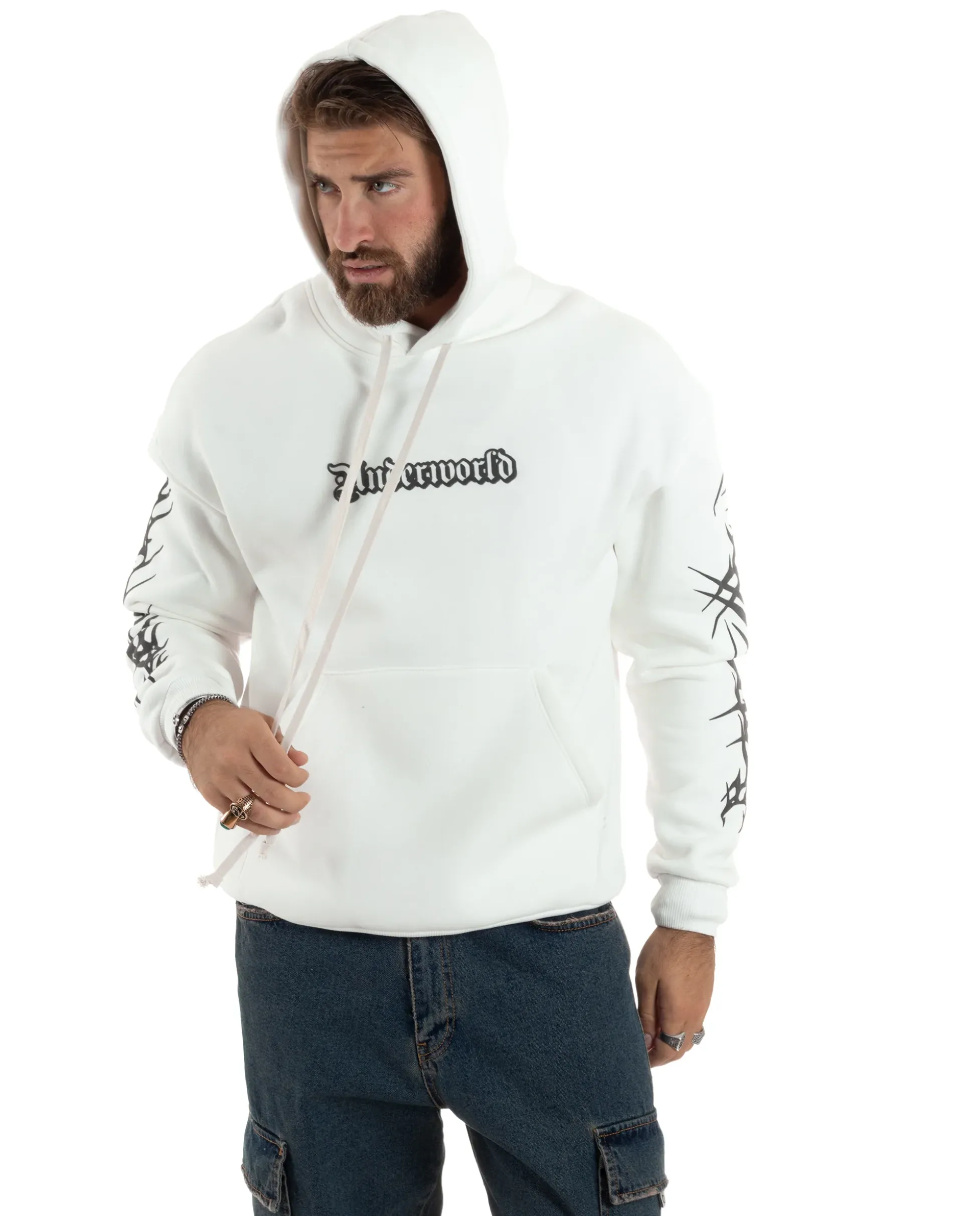 Felpa Uomo PolyCotton Garzata Con Stampa Cappuccio Maglia Calda Marsupio Relaxed Fit Bianco GIOSAL-F3030A
