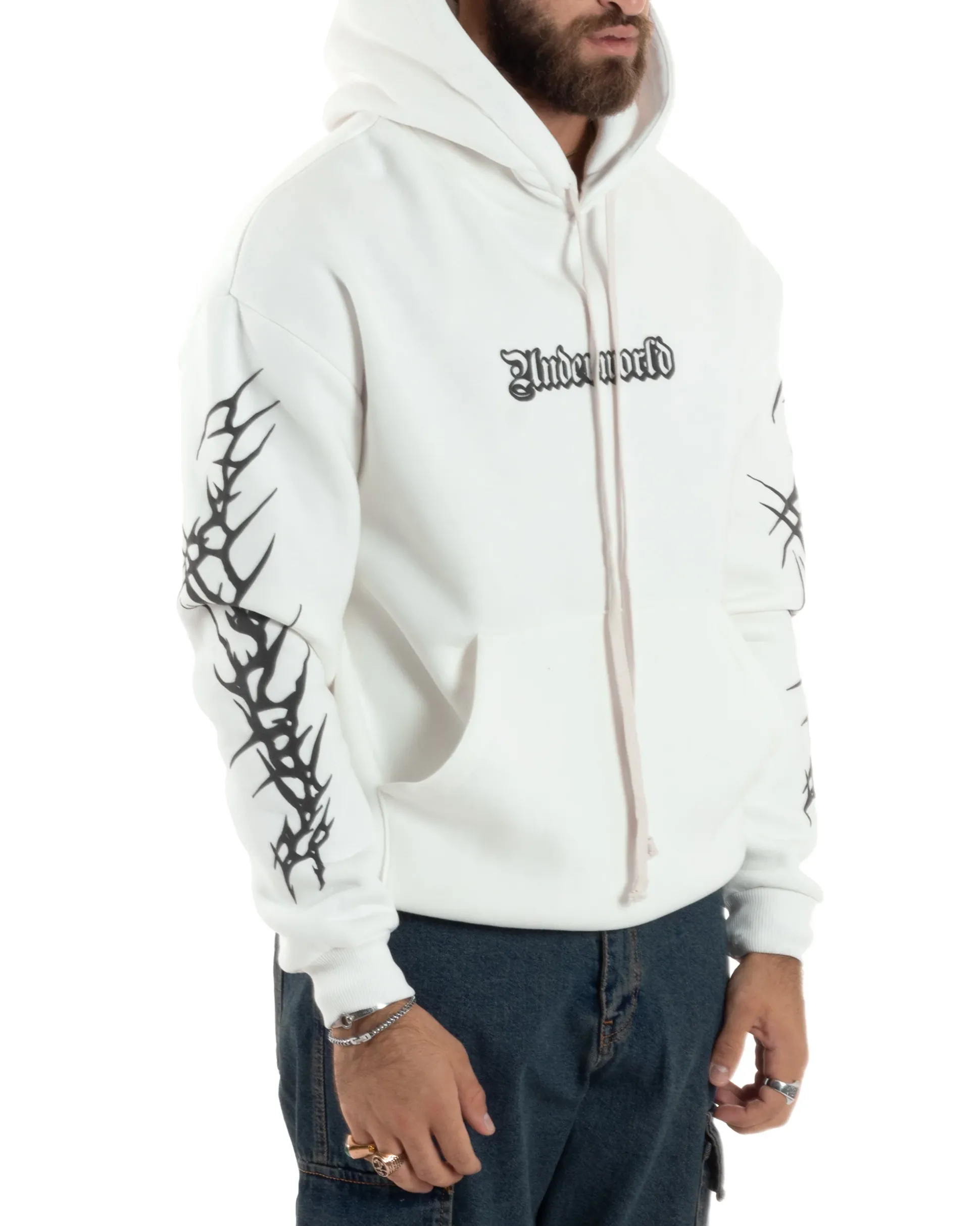 Felpa Uomo PolyCotton Garzata Con Stampa Cappuccio Maglia Calda Marsupio Relaxed Fit Bianco GIOSAL-F3030A