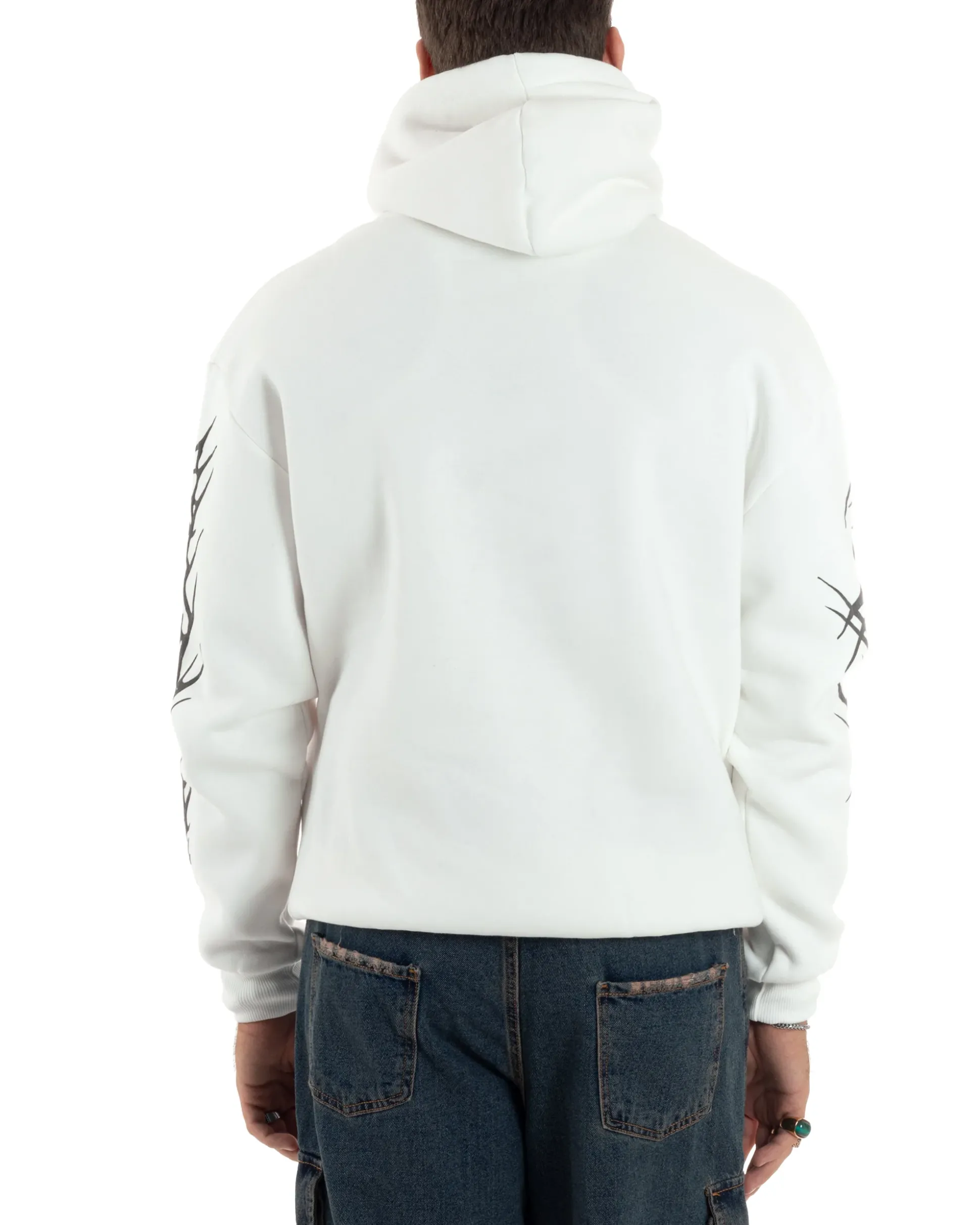 Felpa Uomo PolyCotton Garzata Con Stampa Cappuccio Maglia Calda Marsupio Relaxed Fit Bianco GIOSAL-F3030A
