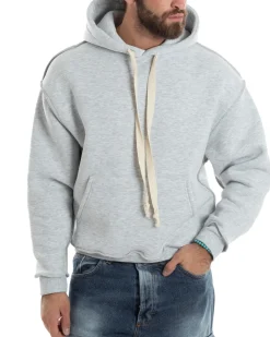 Felpa Uomo PolyCotton Garzata Con Cappuccio Cuciture Reverse E Marsupio Boxy Fit Maglia Morbida Calda Grigio GIOSAL-F3040A