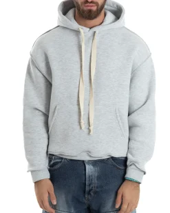 Felpa Uomo PolyCotton Garzata Con Cappuccio Cuciture Reverse E Marsupio Boxy Fit Maglia Morbida Calda Grigio GIOSAL-F3040A