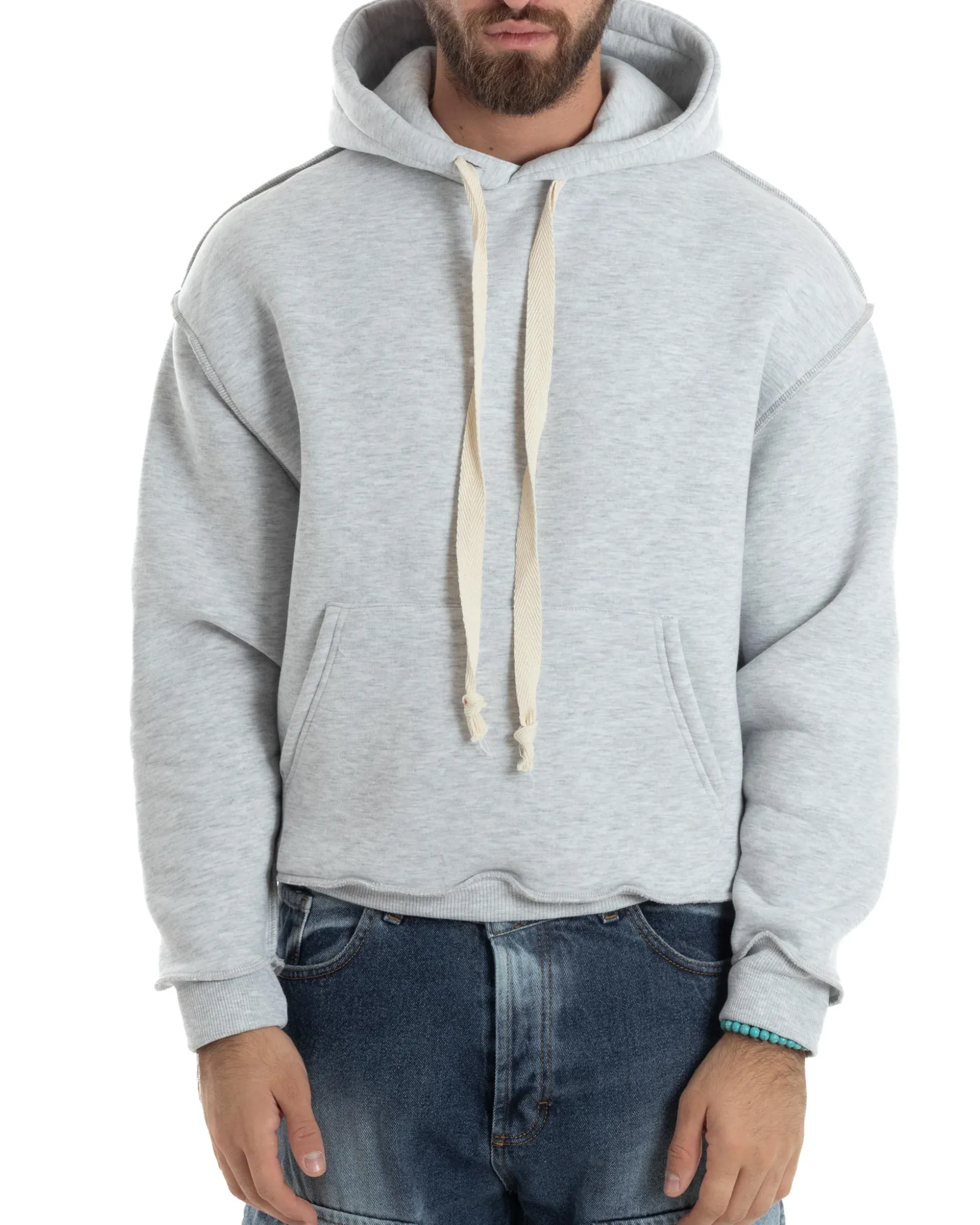 Felpa Uomo PolyCotton Garzata Con Cappuccio Cuciture Reverse E Marsupio Boxy Fit Maglia Morbida Calda Grigio GIOSAL-F3040A
