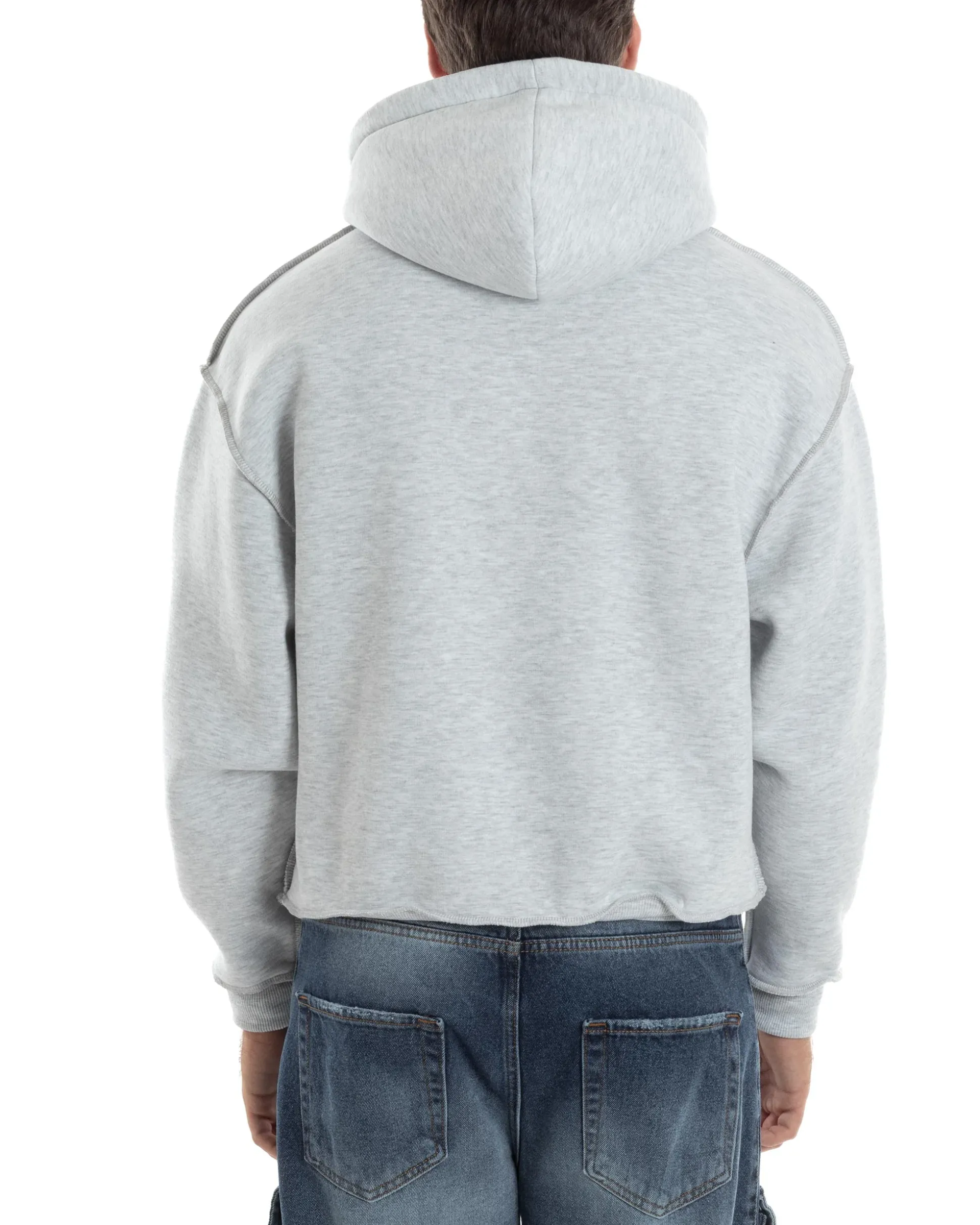 Felpa Uomo PolyCotton Garzata Con Cappuccio Cuciture Reverse E Marsupio Boxy Fit Maglia Morbida Calda Grigio GIOSAL-F3040A