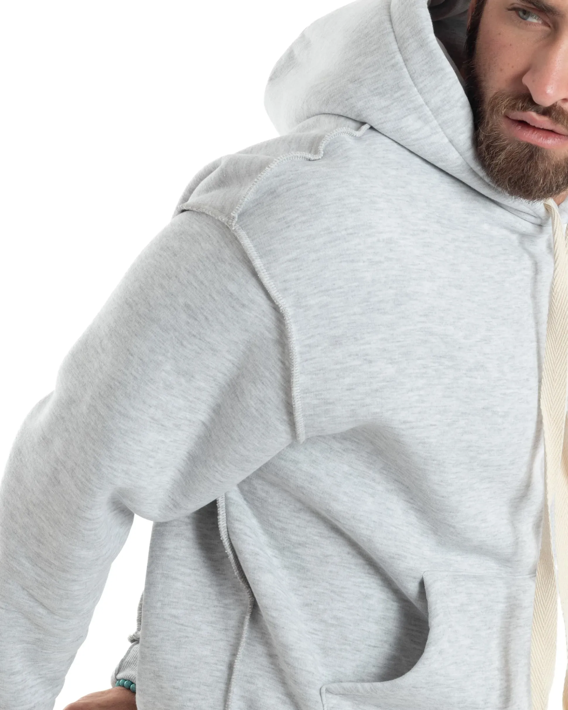 Felpa Uomo PolyCotton Garzata Con Cappuccio Cuciture Reverse E Marsupio Boxy Fit Maglia Morbida Calda Grigio GIOSAL-F3040A