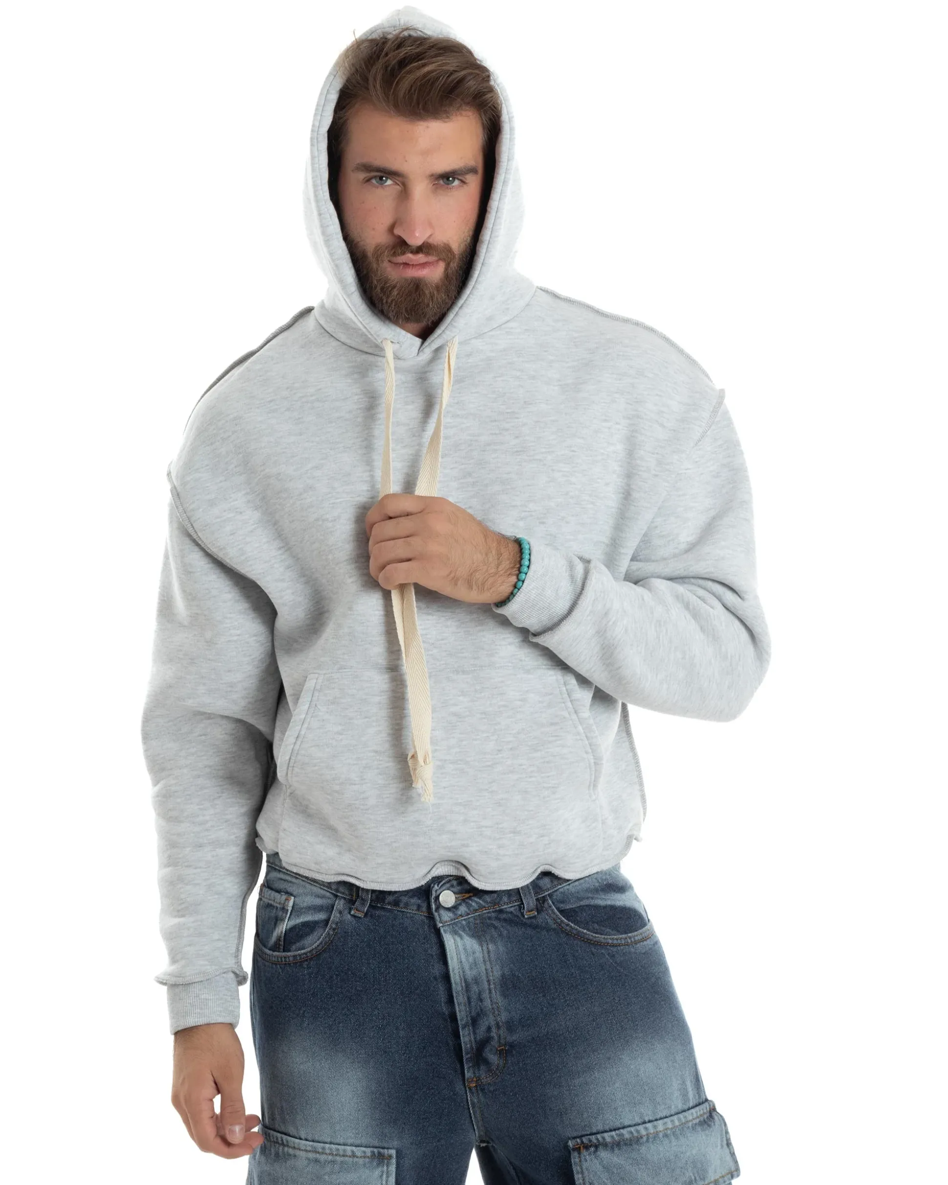 Felpa Uomo PolyCotton Garzata Con Cappuccio Cuciture Reverse E Marsupio Boxy Fit Maglia Morbida Calda Grigio GIOSAL-F3040A