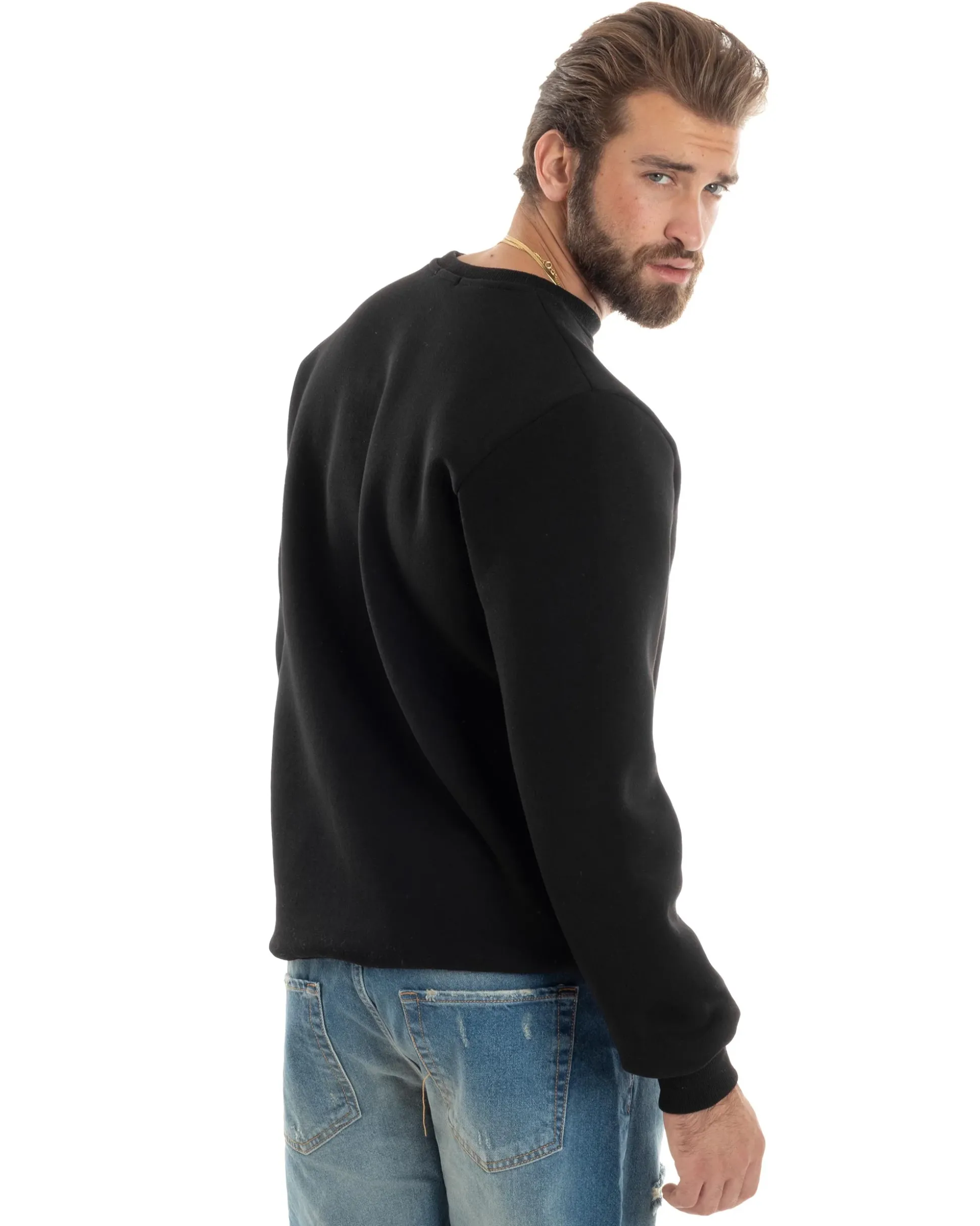 Felpa Uomo PolyCotton Girocollo Con Ricamo Maglia Garzata Calda Comoda Casual Nero GIOSAL-F3039A