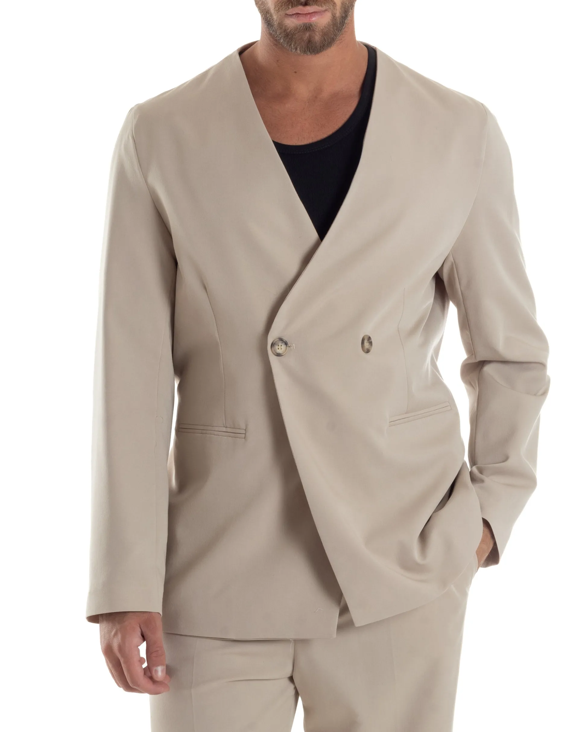 Giacca Doppiopetto Uomo Viscosa Senza Rever Relaxed Fit Casual Tinta Unita Beige GIOSAL-G3296A
