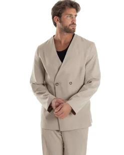 Giacca Doppiopetto Uomo Viscosa Senza Rever Relaxed Fit Casual Tinta Unita Beige GIOSAL-G3296A